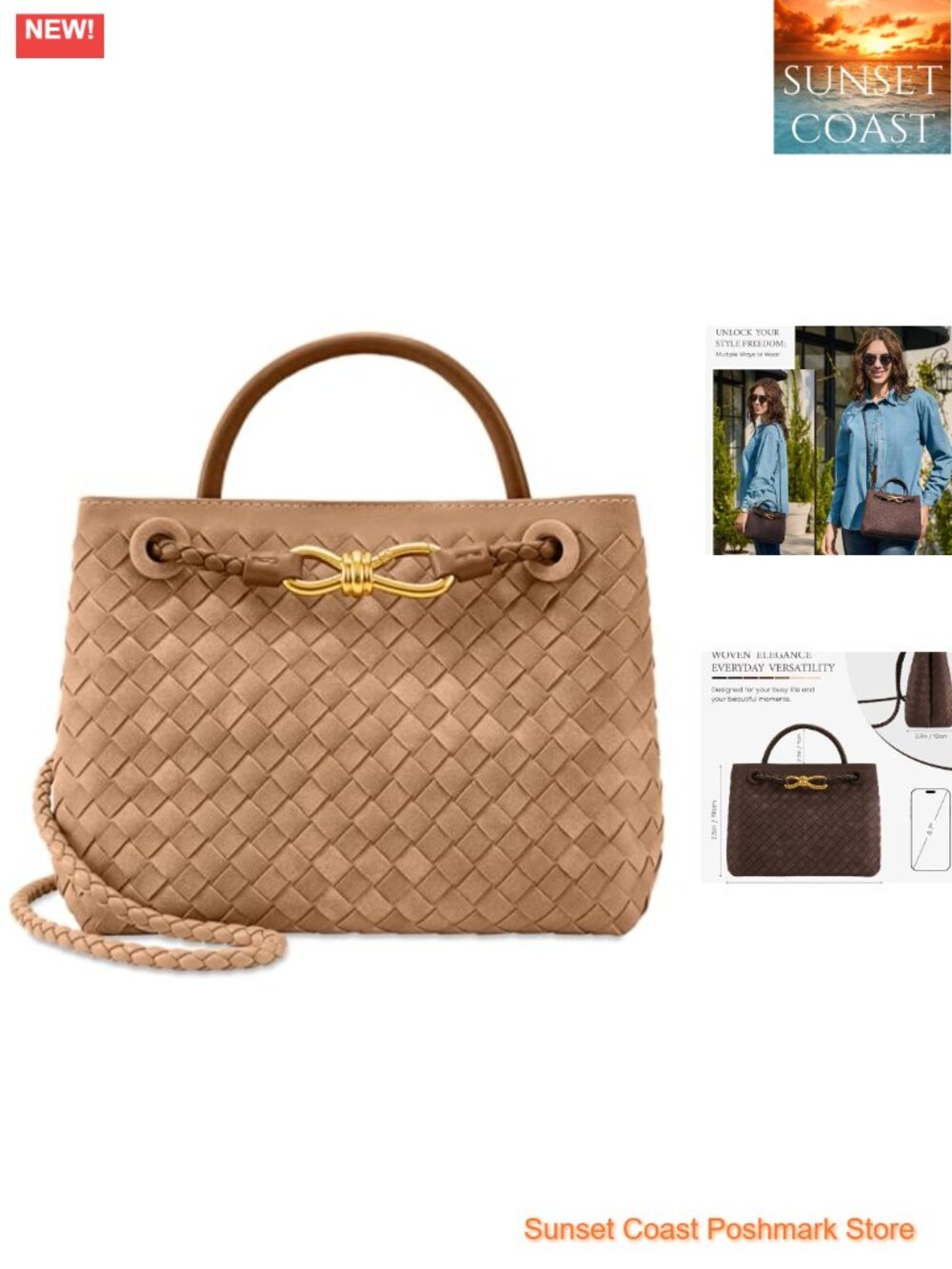 Woven Tote Bag PU Leather Top Handle Shoulder Handbag